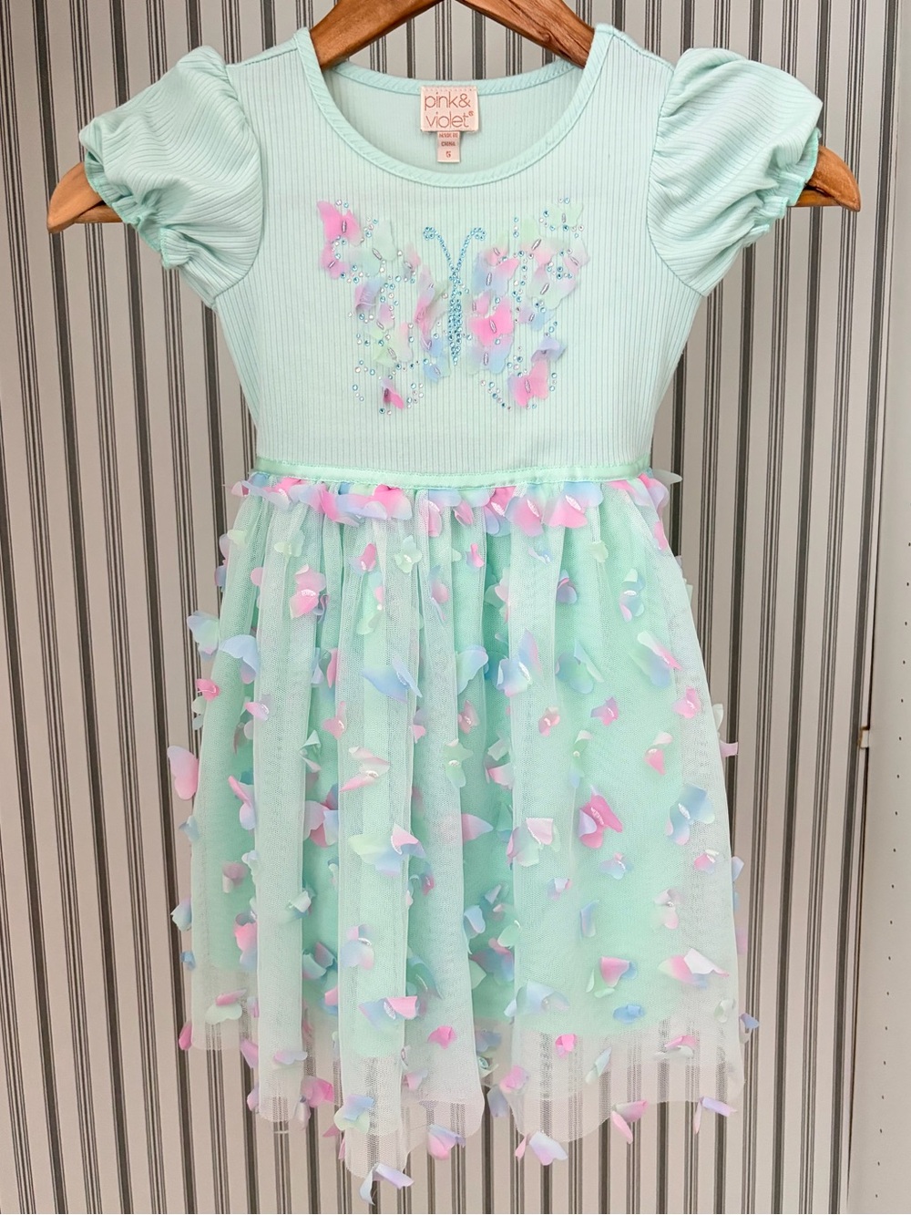 Pink & Violet Girls' Mint Butterfly Tulle Dress with Puff Sleeves